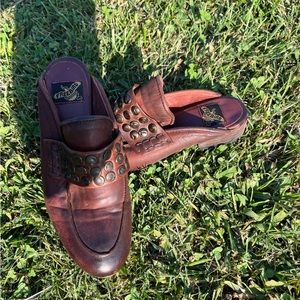 FreeBird by Steve. Beautiful dark brown mules with bronzed hardware.